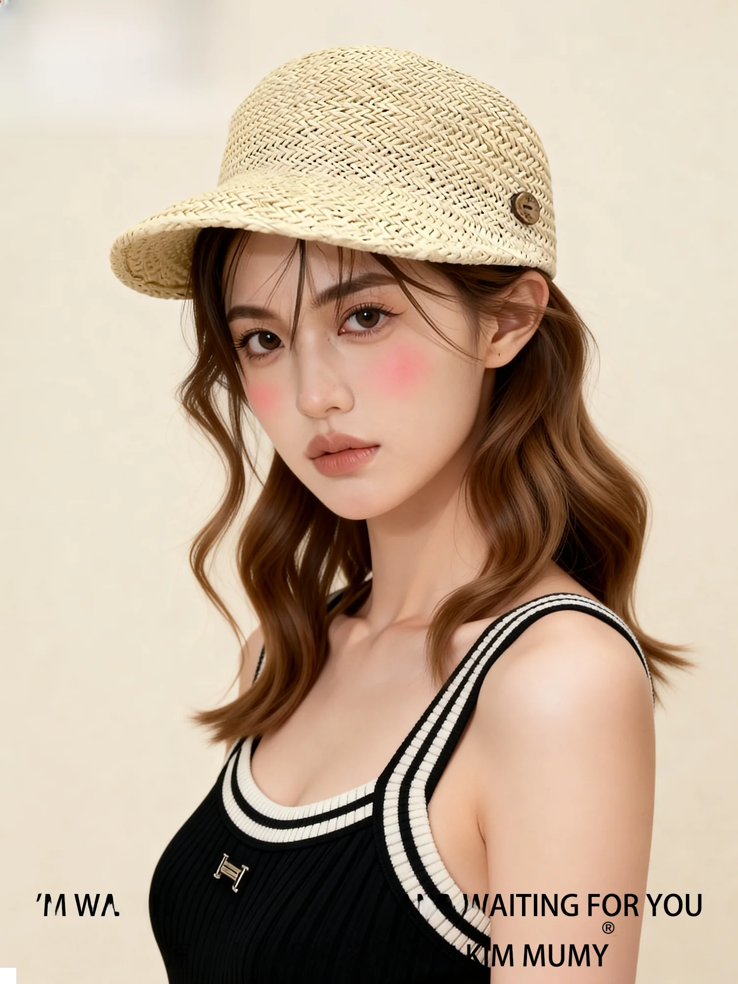 kimmumy-レトロつば広麦わら帽子通気性日よけ野球帽ボタンデザイン春夏新スタイル顔痩せ帽子