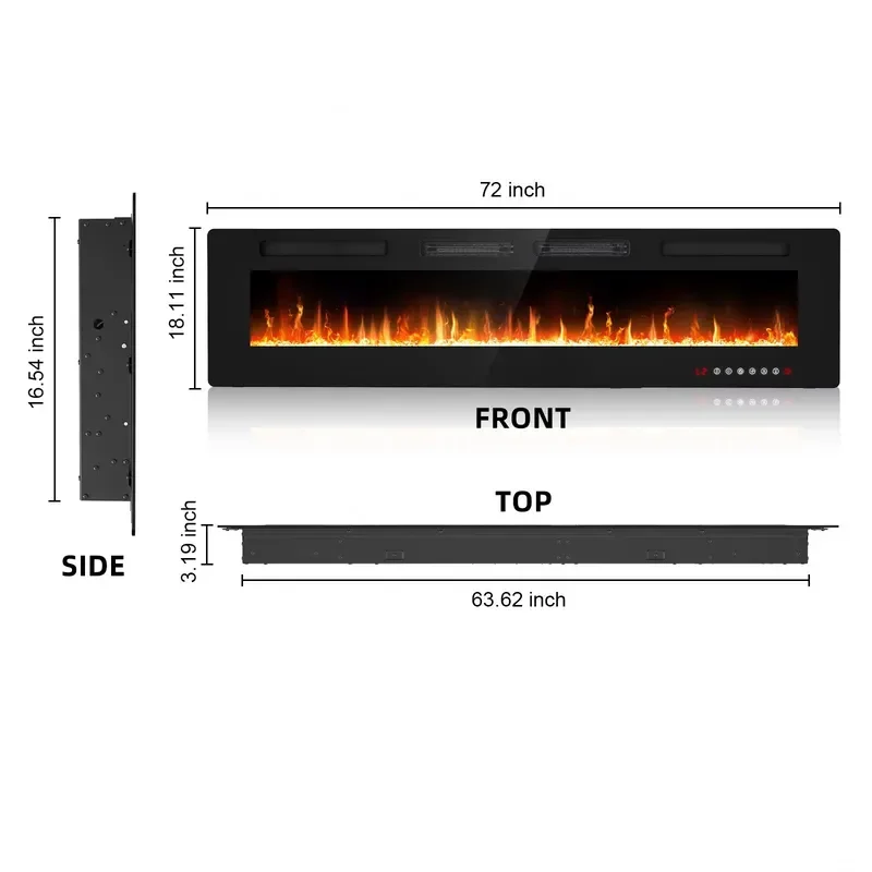 72 Inch 3D Electric Fireplace Insert 750W Built In Wall Mounted Heater 12 Flame Colors Home Decor Living Room Bedroom Heating