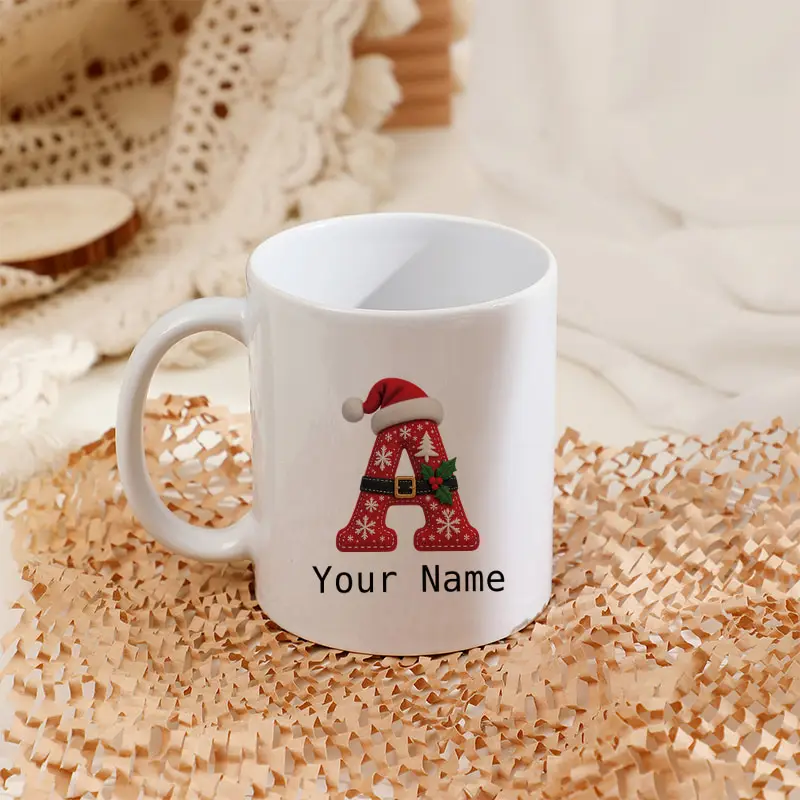 Custom Name/Text Christmas Letter A-Z Monogram Ceramic Mug Santa Hat Design Coffee Cup Personalized Xmas Birthday Holiday Gift