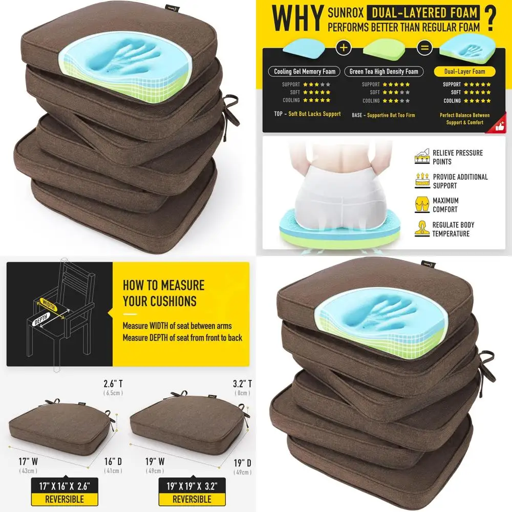 

Подушки для сидений из пены с эффектом памяти, устойчивые к выцветанию, водонепроницаемые и пятнам, двусторонние с завязками, 17x16, набор из 6 шт., верех-каштановый