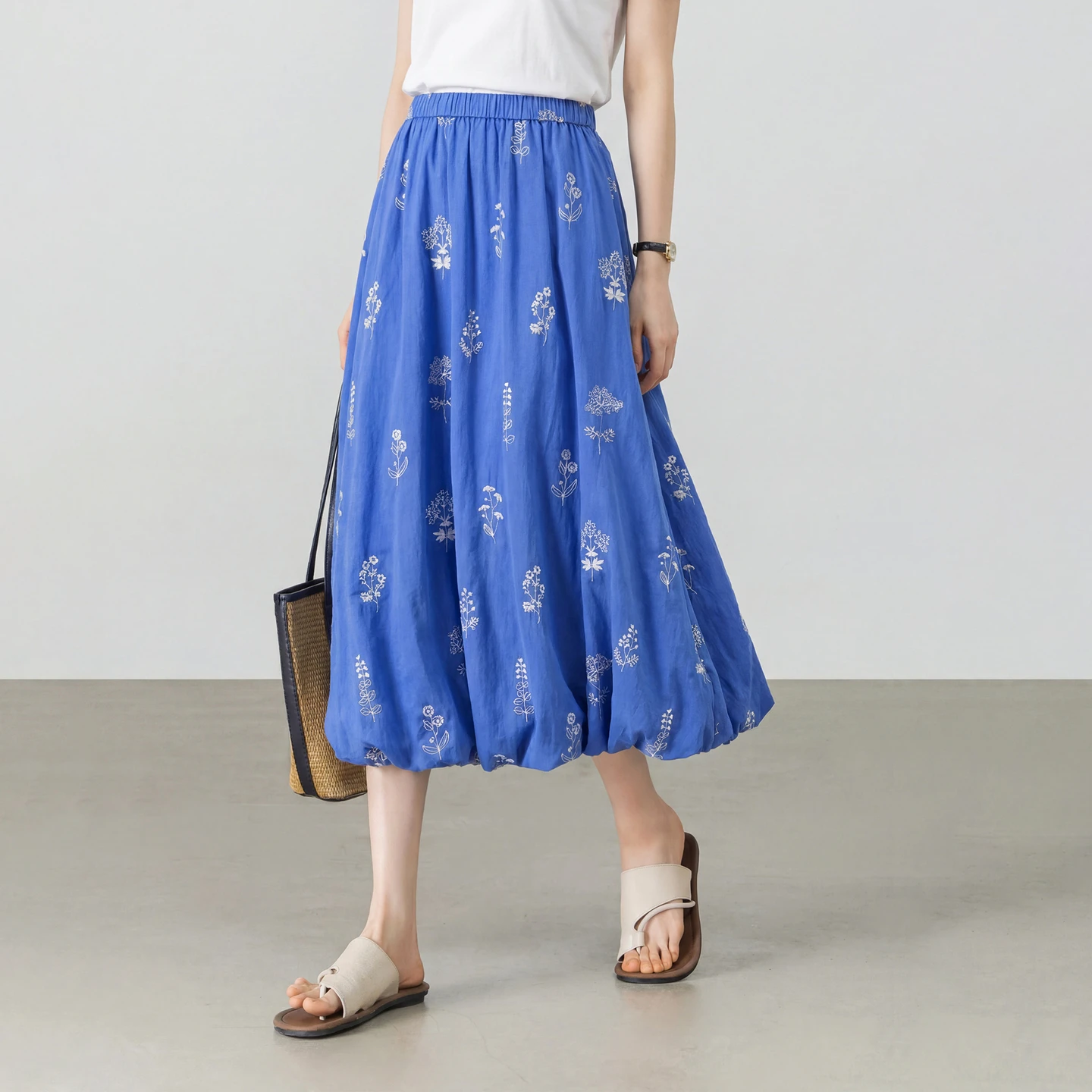 SENTUBILA Women's Klein Blue Skirt 2026 Summer Cotton  Casual Slim Embroidery A-Line Midi Skirt Elegant Daily Wear 162QA7985