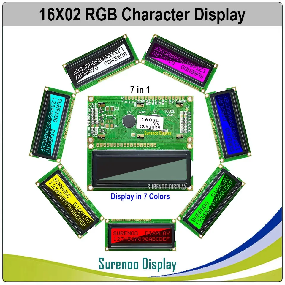 Surenoo 162 16X2 1602 5.0V znakowy moduł LCD ekran wyświetlacza LCM FSTN dodatni ujemny 7 kolorów RGB podświetlenie