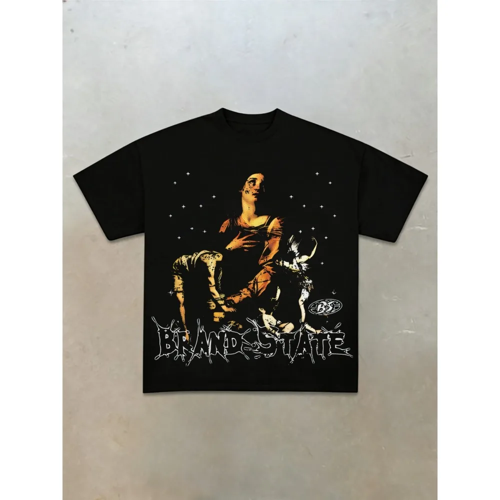 New American high-street Mona Lisa trendy modified front and back printed short-sleeved T-shirt for  versatile and fashionable