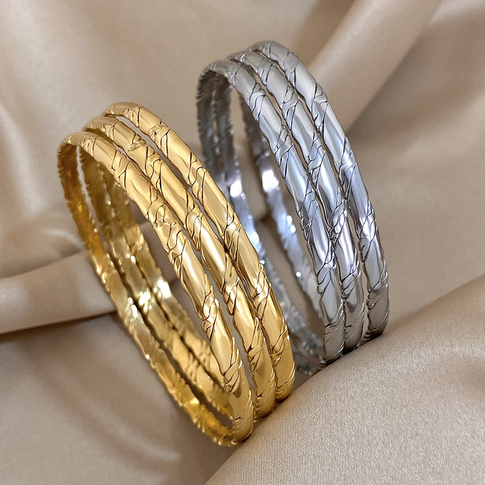 

3pcs Stainless Steel Simple Bangle Classic Gold Plated Texture Stacked Slim Thin Bracelets for Women Men Tibetan Buddha Jewelry