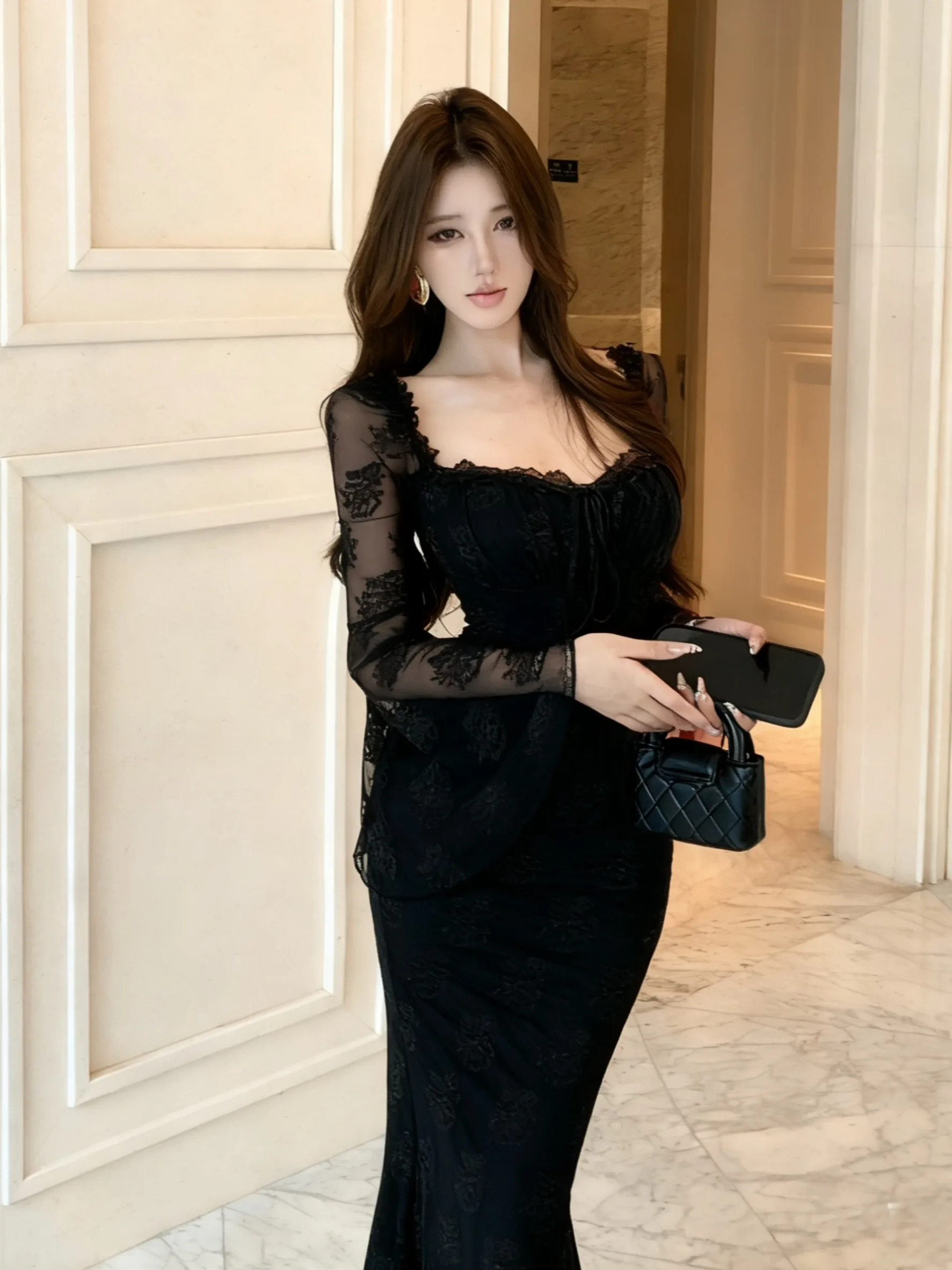 

Красное кружевное длинное платье с длинным светящимся хвостом в стиле ретро, облегающее вечернее платье средней длины с высокой талией для женщин