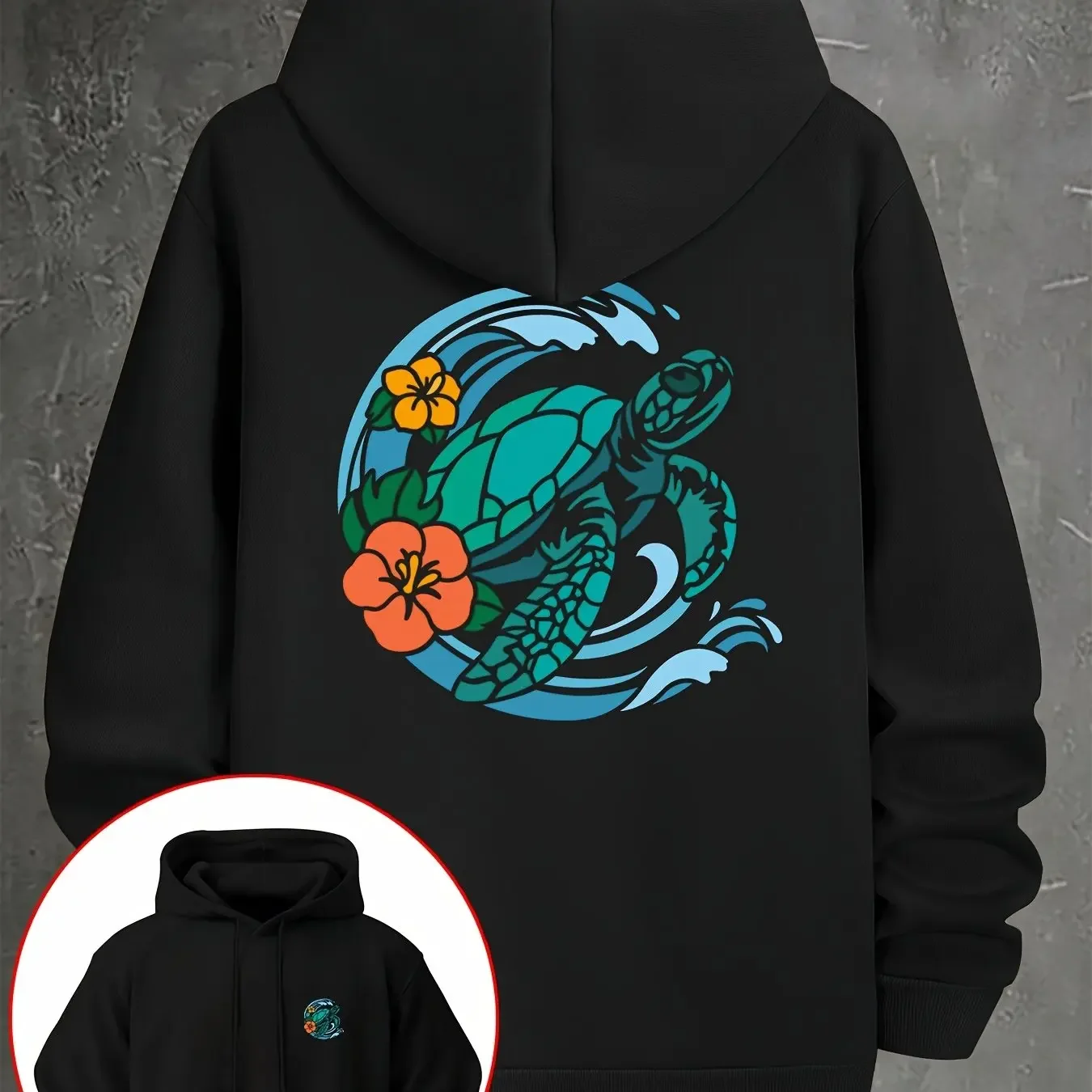 Men Oversized Casual Hoodie Tropical Sea Turtle Wave Hibiscus Print Pullover Korean Vacation Sweatshirt