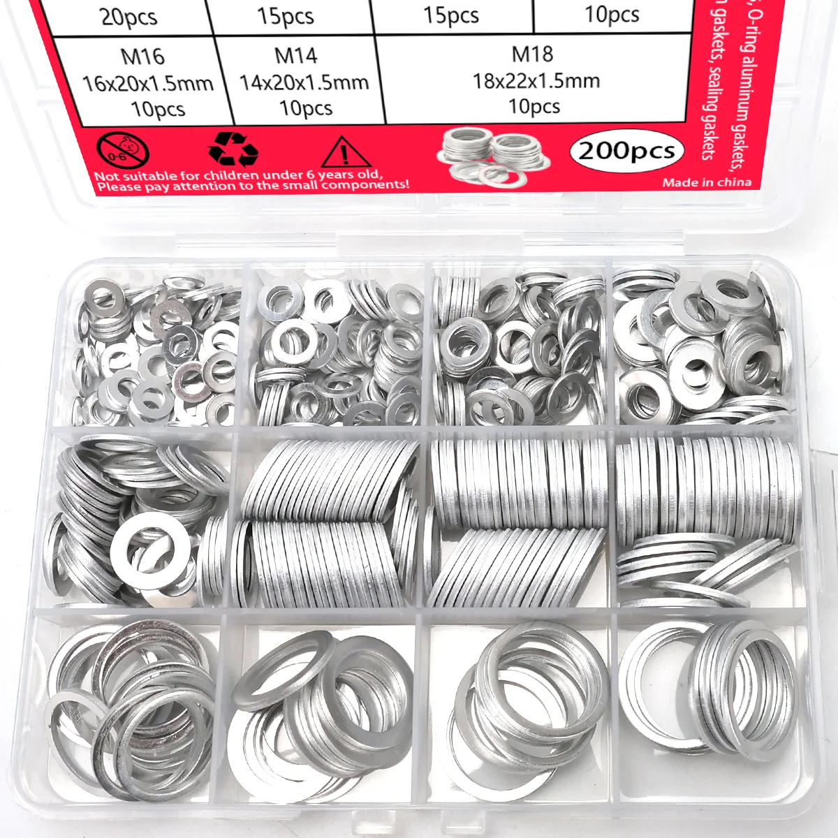 200Pcs Aluminum Alloy Gasket Assortment Kit - M4-M18 Metric Sizes, Sealing Washers for Plumbing & Machinery