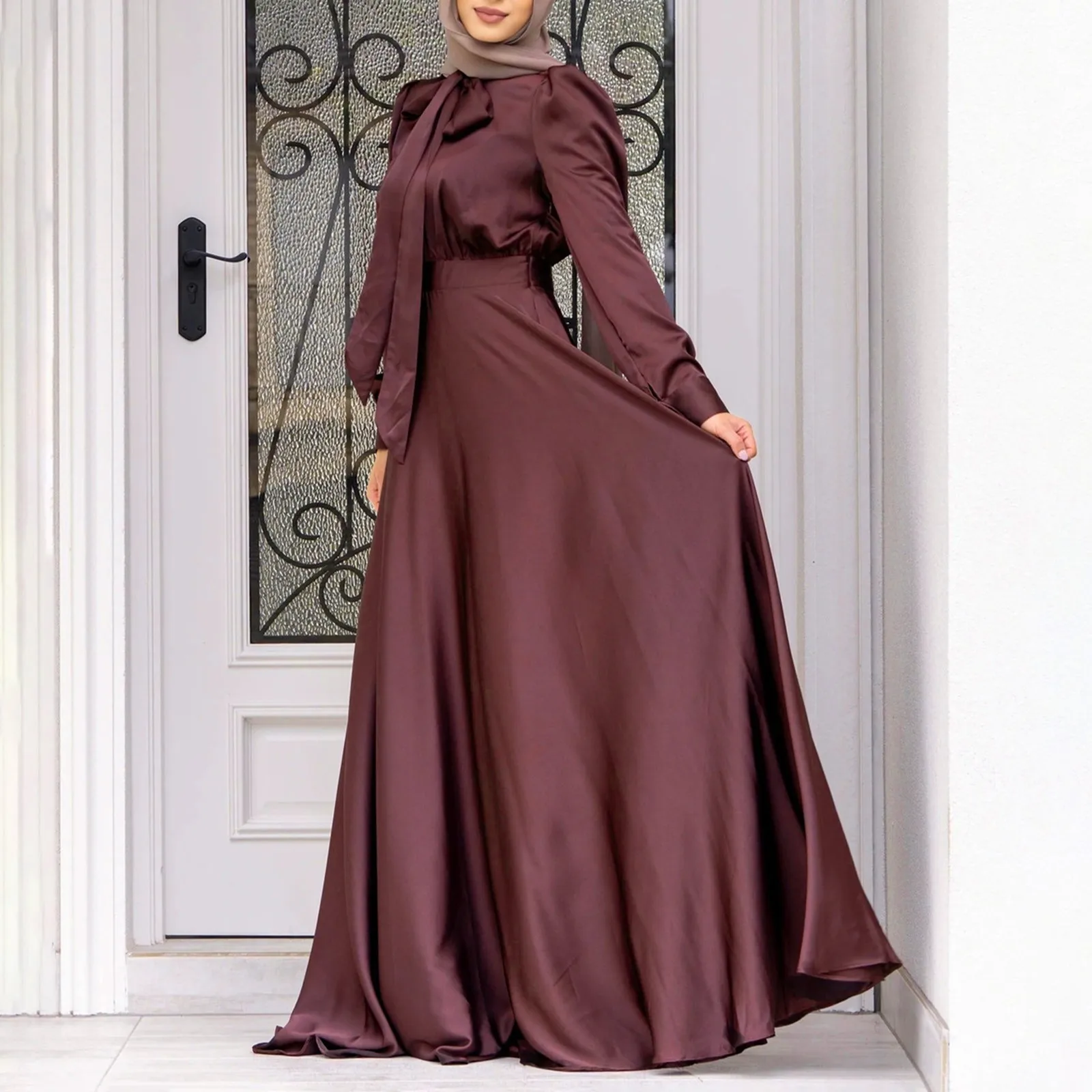 Women Satin Dress Muslim Abaya Hijab Dubai Turkey Evening Dresses Long Sleeve Solid Color Fashion Muslim Dress Robe Vestidos