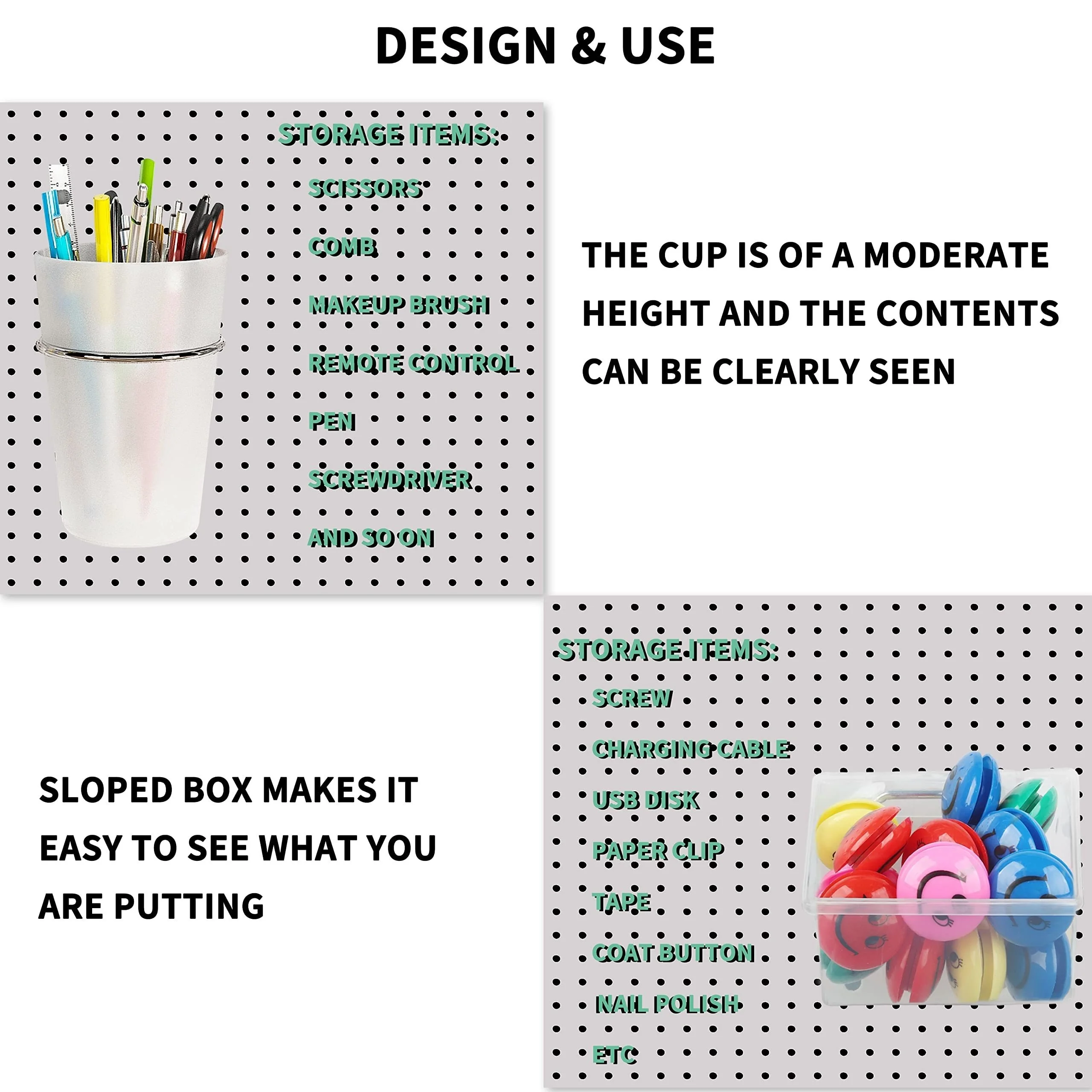 6pc Peg Board Bins Peg Board Cups With Hooks & Loop, Peg Board Organizer Accessories, Peg Board Tools Organizer
