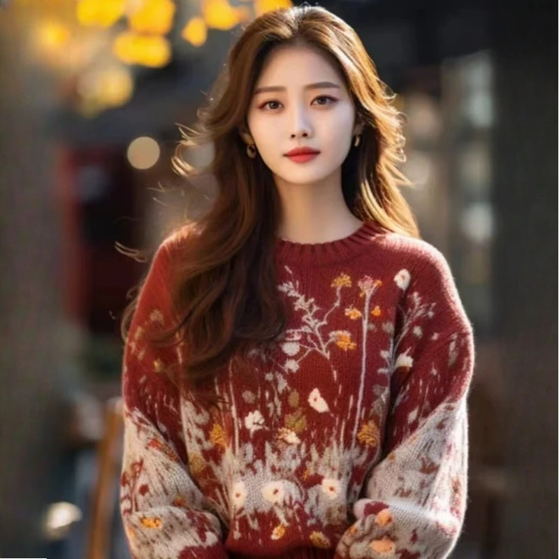 

Knit Women's Sweater Korean Winter Clothing Fashion Loose Autumn Leisure Jumpers Flower Long Sleeves Women Pullover