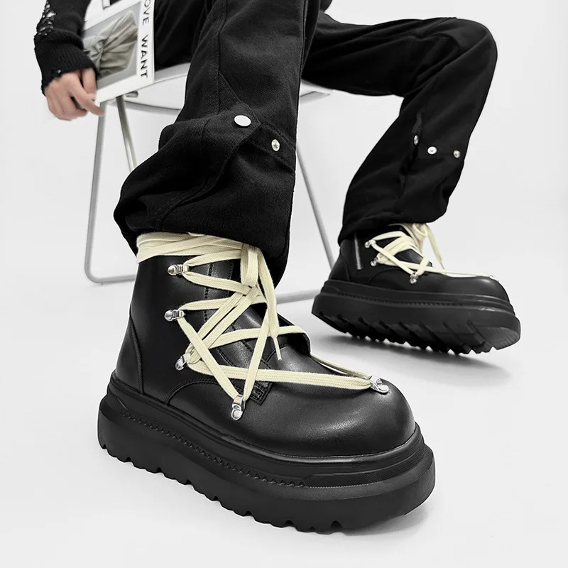 men's fashion stage nightclub high motorcycle boots natural leather shoes cowboy spring autumn boot trendy platform botas hombre