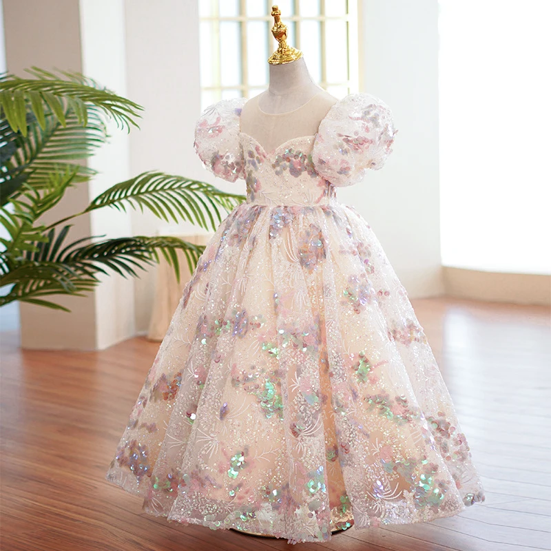 Vestido largo de lentejuelas para niñas pequeñas, traje elegante de lujo para fiestas de noche, bodas, ocasiones formales para niños, vestidos de