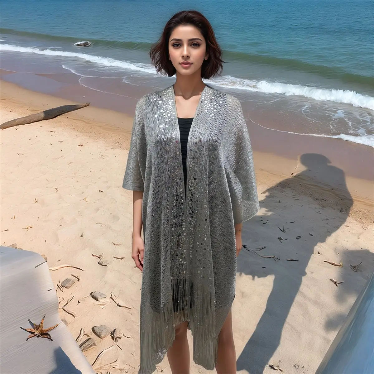 Summer new hollow out solid color bright silk knitted fringe shawl vacation beach swimsuit cover shirt sequin cardigan cape P1
