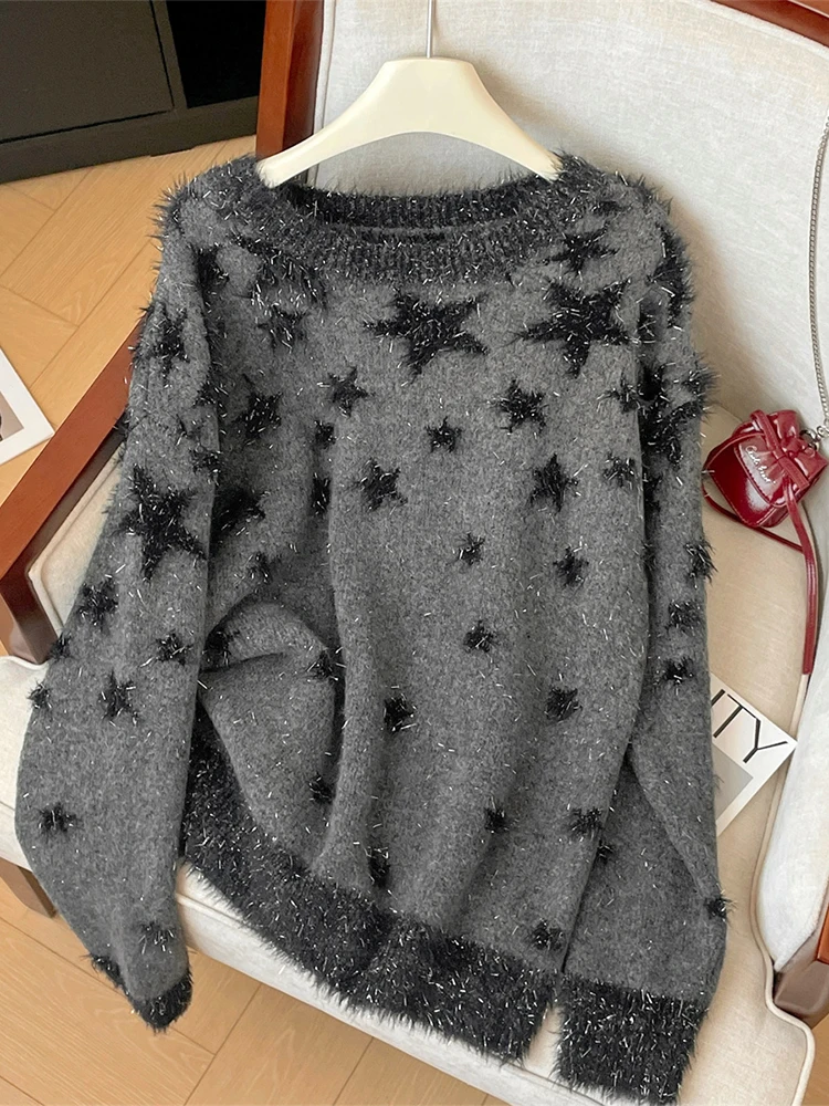 Women Dark Grey Pullover Sweater with Star Harajuku Vintage Korean Y2k Long Sleeves Cashmere Sweaters Jumper 2000s Clothes 2024