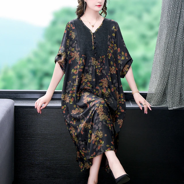 2023 New Fashion stile etnico abito stampato in seta da donna con scollo a v estivo retro vestibilita ampia per il tempo libero abiti da festa per le vacanze AliExpress