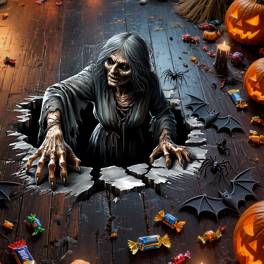 1Set Halloween Scary Witch Floor Stickers, Self Adhesive Removable Waterproof Wall Decals for Home Bedroom Living Room Door