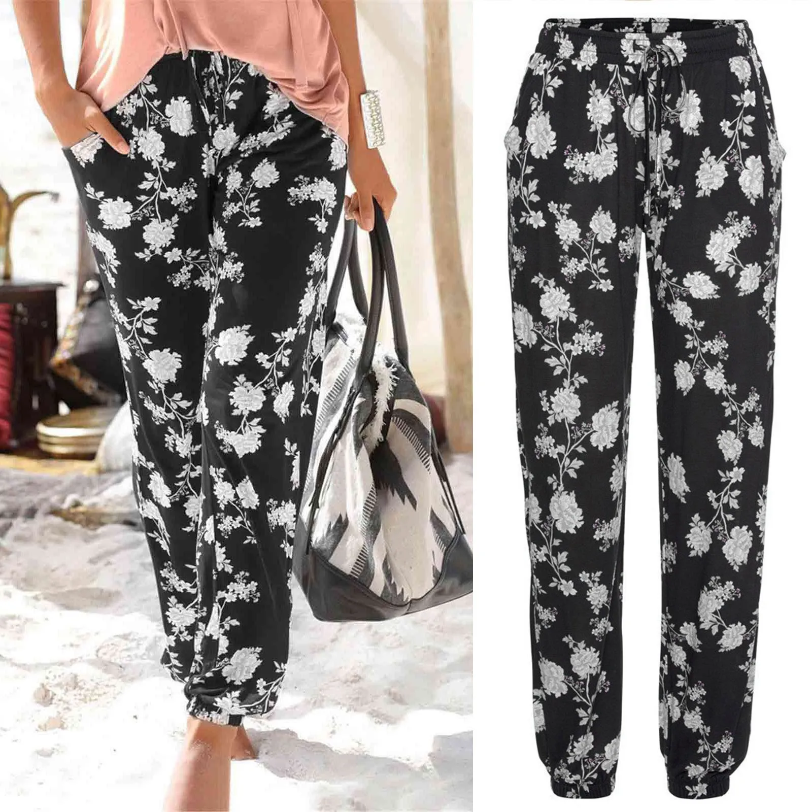 Female Plus Size Bohemian Pants Women Floral Print Mid Waist Vintage Long Pants Elastic Waist Summer 2023 Streetwear Trousers