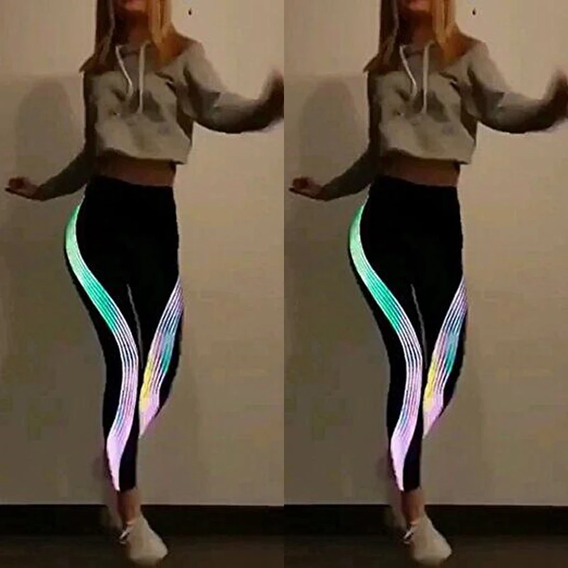 Women New Fashion Legging Rainbow Reflective Skinny Leggings Elastic Waist Women Stretchy Workout Leggings Casual Trousers