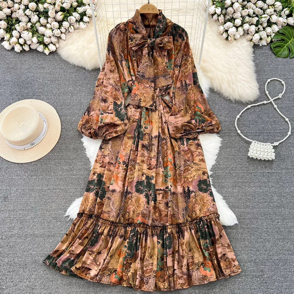 Spring Autumn Vintage Style Floral Print Dress Women Bow Tied Collar Lantern Sleeve Lace-up Slim Waist A Line Long Holiday Dress