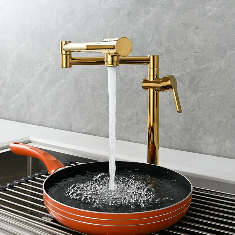 Brushed Gold Rotating Kitchen Faucet Solid Brass Crane For Kitchen Deck Mounted Sink Mixer Foldable Nickel /Gold/Chrome/Black