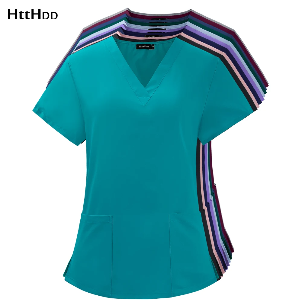 Unisex medico all'ingrosso infermiera uniforme Top manica corta di alta qualità tinta unita Scrub medico Top scollo a v medico abbigliamento da lavoro elastico