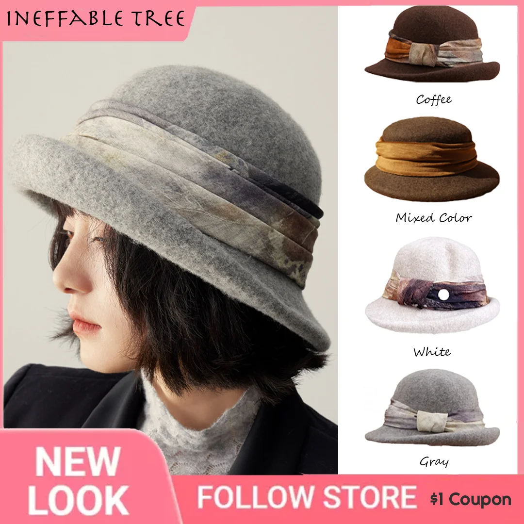 Luxurious Women's Wool Fisherman Hat with Ink Ribbon and Folded Edge