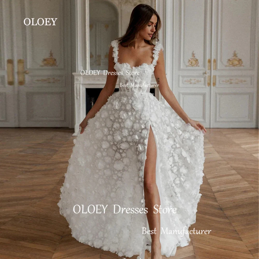 OLOEY Exquisite 3d Flowers Wedding Dresses Photoshoot Sexy High Slit Floor Length Sweetheart Bridal Gowns Corset Back