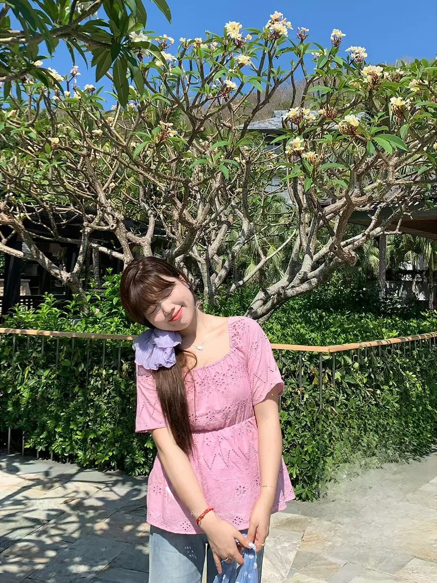 

Женская свободная блузка Sweet Sle Fat Large Size "Pink Heart Guava" с квадратным вырезом, утянутой талией и коротким рукавом