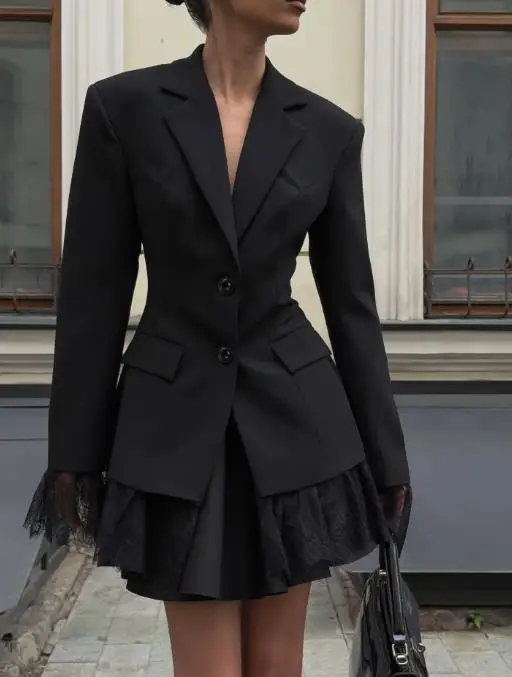 

Women's Blazer 2025 Spring Autumn New Solid Color Fashion Lace Splicing Commuting Notched Collar Long Sleeved Elegant Blazer