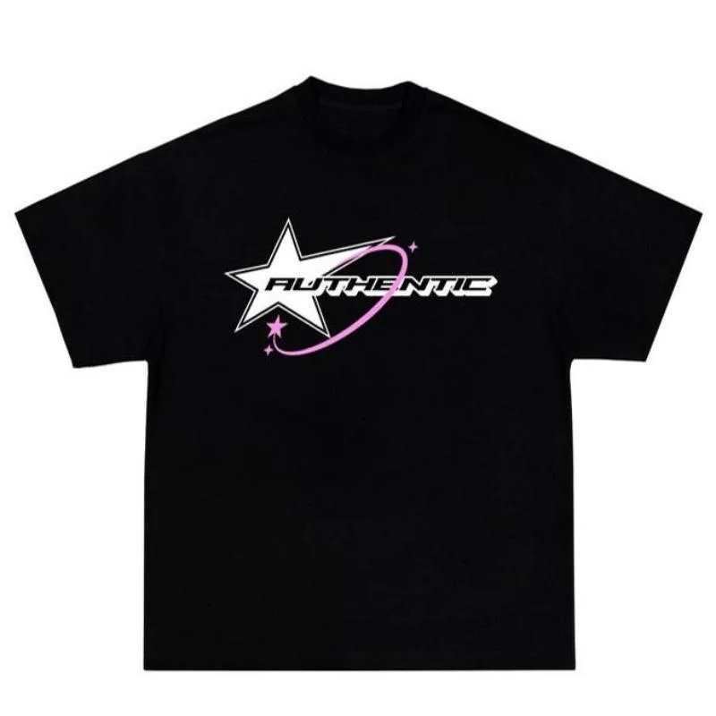 

Y2K Authentic Star Print T-Shirt for Men Women Oversized Streetwear Hip Hop Graphic Tee Aesthetic Harajuku Black Top