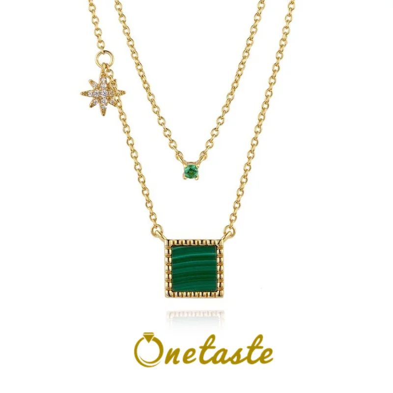 

French Style S925 Silver Gold Plated Square Natural Malachite Gemstone Pendant Necklace Double Chain Zircon Chokers Necklaces