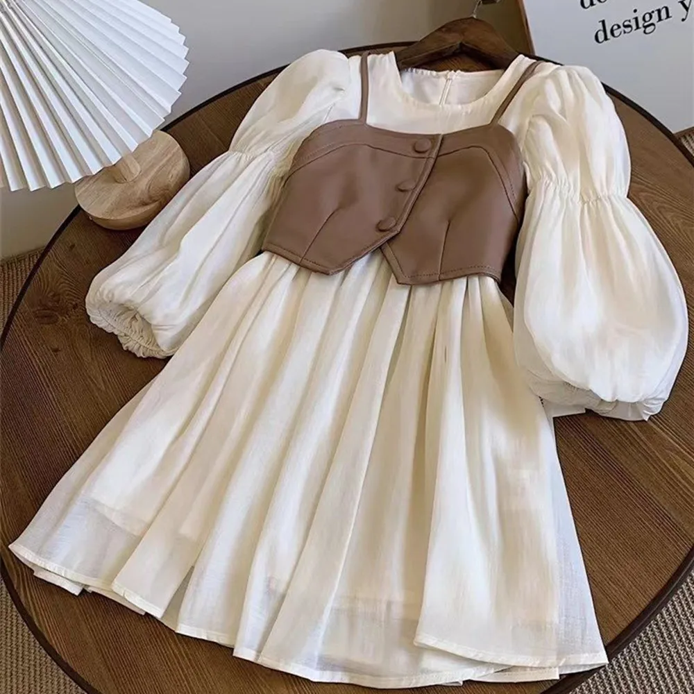 Spring Autumn Girls Dress Set Long Sleeve Children\'s Retro PU Leather Vest Dress Set Teenage Girls Clothing Suit 4 6 8 12Y