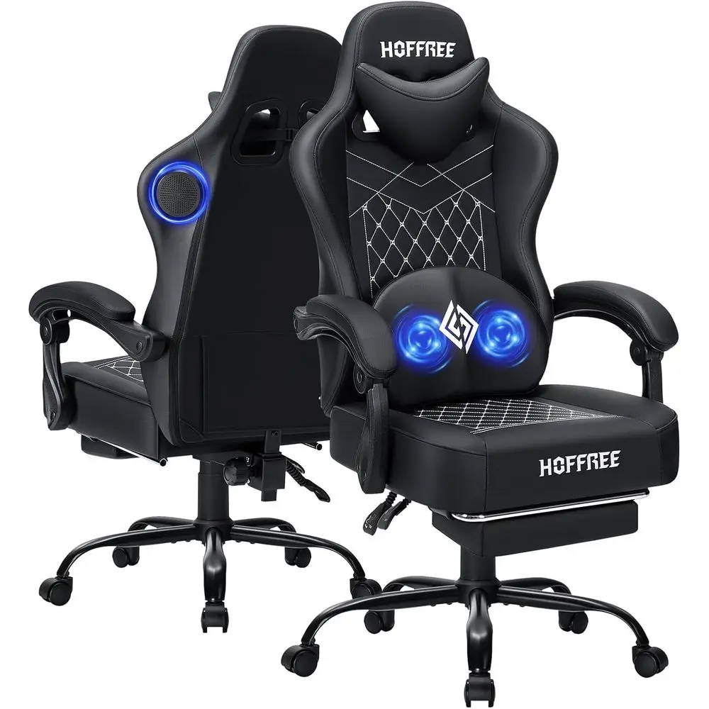 Cadeira Gamer Ergonômica Reclinável Preta com Bluetooth, Massagem e Apoio para os Pés para Adultos