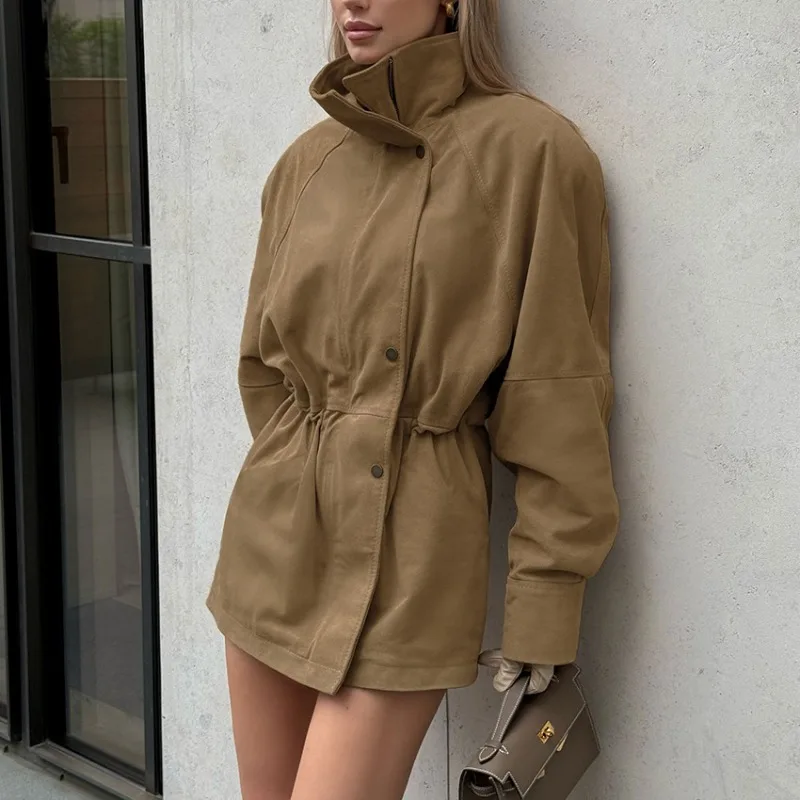 Women Faux Suede High Neck Belted Waist Mid Long Jacket Coat Design Chic Elegant Fall Winter 2026 New Trendy Loose Fit Soft Warm