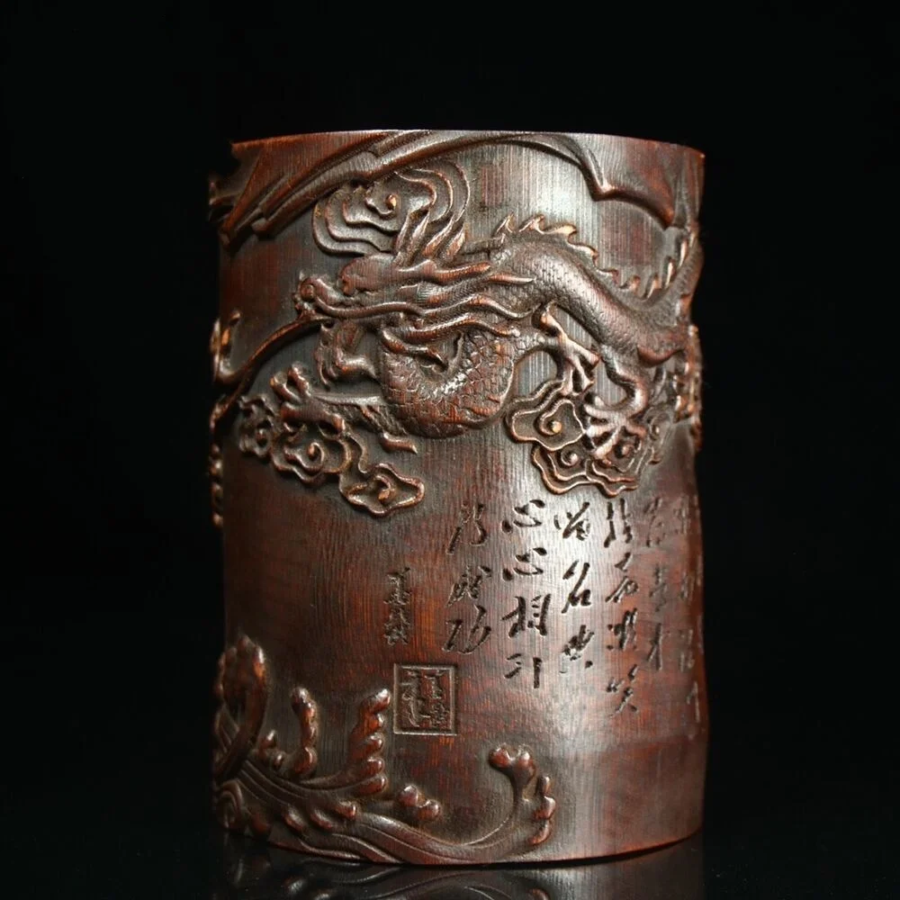 

Noble Chinese Exquisite old Hand-carved Dragon Fighting Arhat bamboo Brush pot