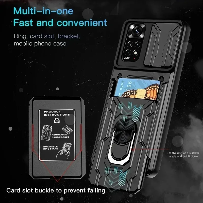 Case For Redmi Note 13 12 11 Pro Poco X6 Pro Xiaomi 13T Pro Slide Stand Ring 360 Magnetic Camera Military Grade Card Slot Cover
