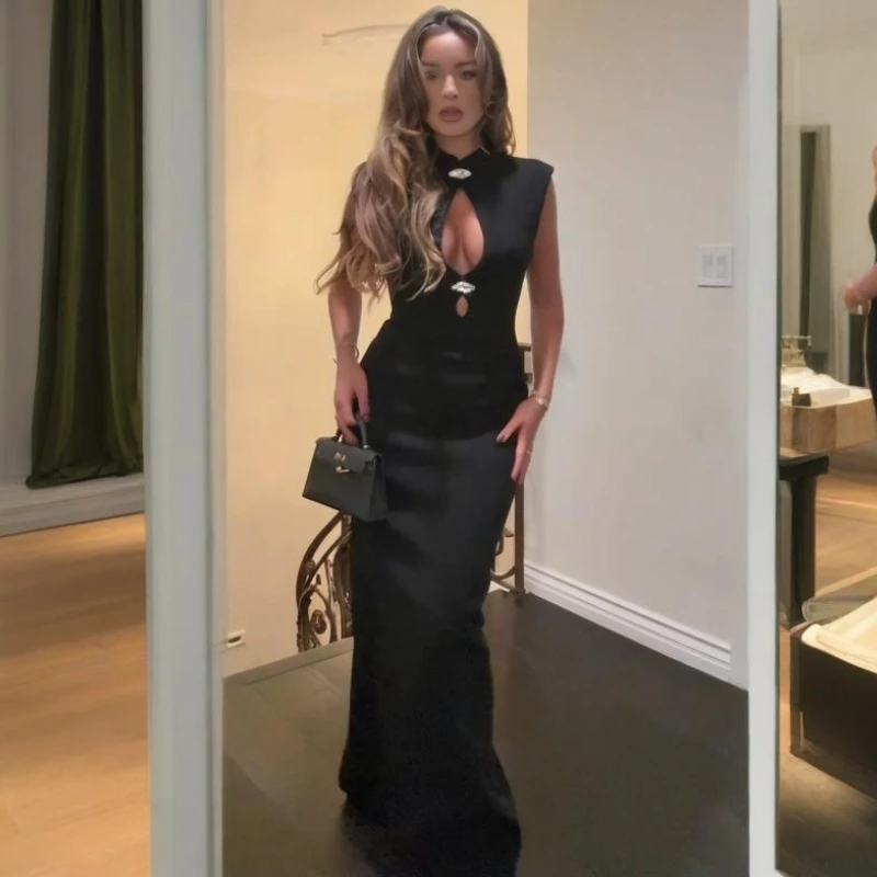 

TARUXY Fashion Hot Girl Solid Slim Dress Women's Autumn Elegant Round Neck Sleeveless Hollow-Out Long Dress Female Banquet Dress