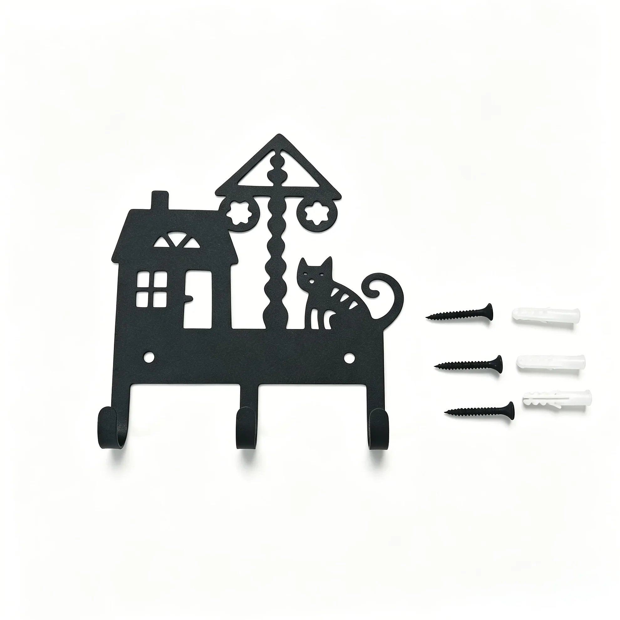 CIFBUY 1pc Black Iron Wall Hook Cat House Carousel Silhouette Decorative Key Rack 3 Hooks Entryway Hanger, Powder-Coated