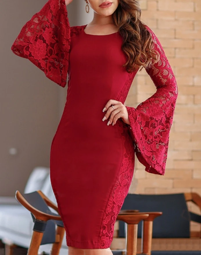 

Hot Selling 2025 New Product Fashionable Round Neck Bell Shaped Sleeves Slim Fit Side Lace Women In Stock Party Dress