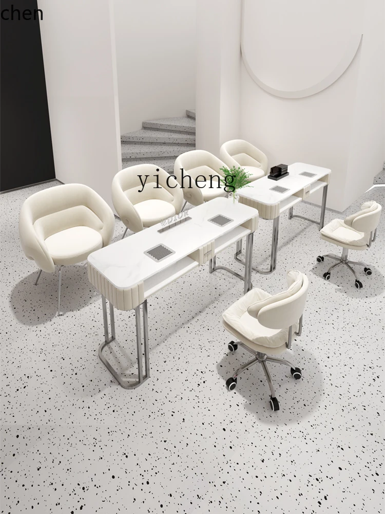 YFY Stainless Steel Cream Style Nail Table and Chair Set Embedded High-Power Vacuum Cleaner No Leakage Gray Nail Table