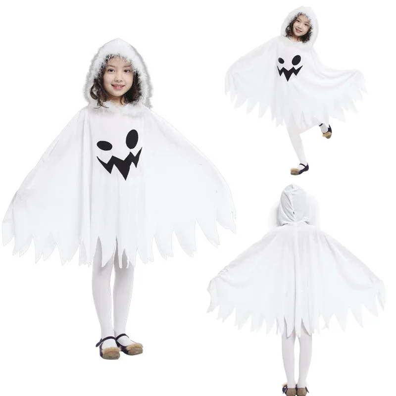 Halloween Kids Cosplay Costume White Elf Cloak Ghost Hooded Cloak Christmas Cloak Boy Girl Cape Clothes