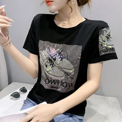 Summer European Clothes Rhinestone T-Shirt Fashion Sexy O-Neck Shiny Diamonds Women Tops Short Sleeve Hand Made Black Tees 2157