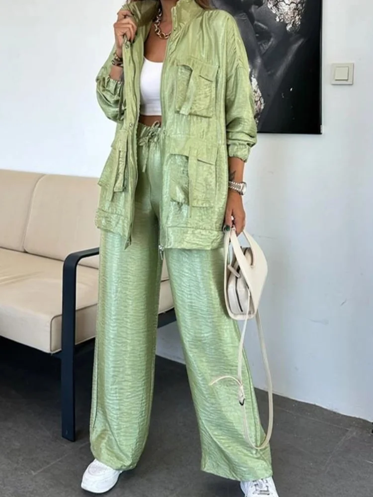 

Fashion Stand Collar Coats & Long Pants Suits Elegant Long Sleeve Solid Color 2Pc Sets Women Casual Pockets Loose Sport Outfits