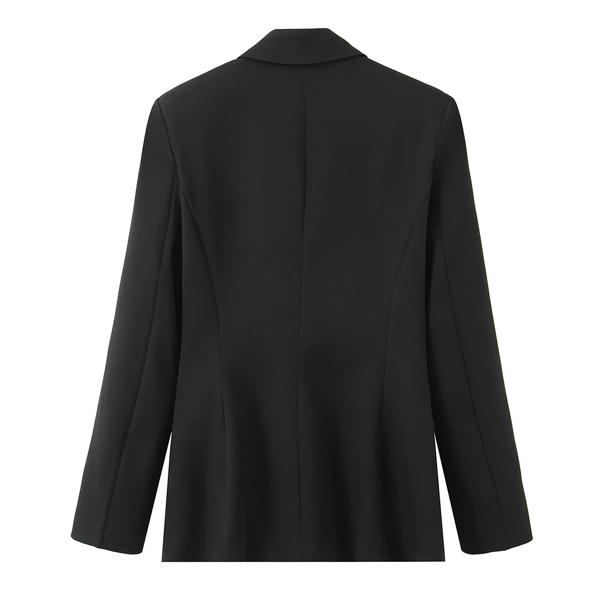 Classic black waist cinched suit jacket with lapel and single breasted buttons for slimming and versatile commuting mini suit