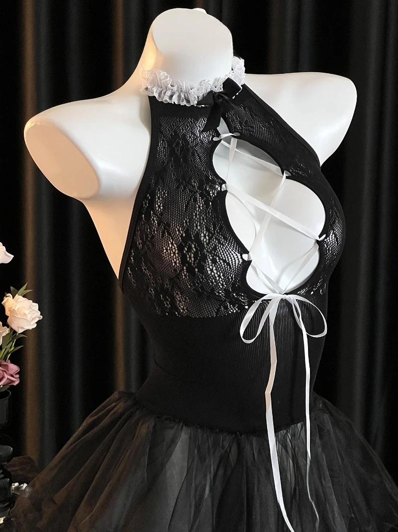 ชุดตาข่ายยืดหยุ่นสูงสไตล์ผู้หญิงมีระดับและเป็นผู้ใหญ่, ชุดยูนิฟอร์มแม่บ้านแบบผูกคอเว้าหลัง, กระโปรงสั้นซีทรูบางเบา, สมบูรณ์แบบ