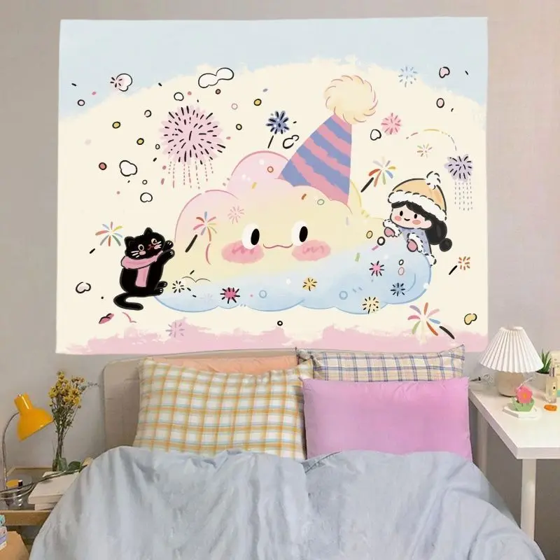 VIKAMA Sweet Korean Cute Cartoon Cat Fireworks Wall Tapestry Kawaii Aesthetic Graffiti Wall Hanging Bedroom Dorm Home Decor