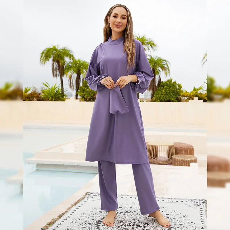 Bañador musulmán de estilo largo para mujer, traje de baño con protección solar, 3 piezas, Color morado, completamente cerrado, para buceo y surf