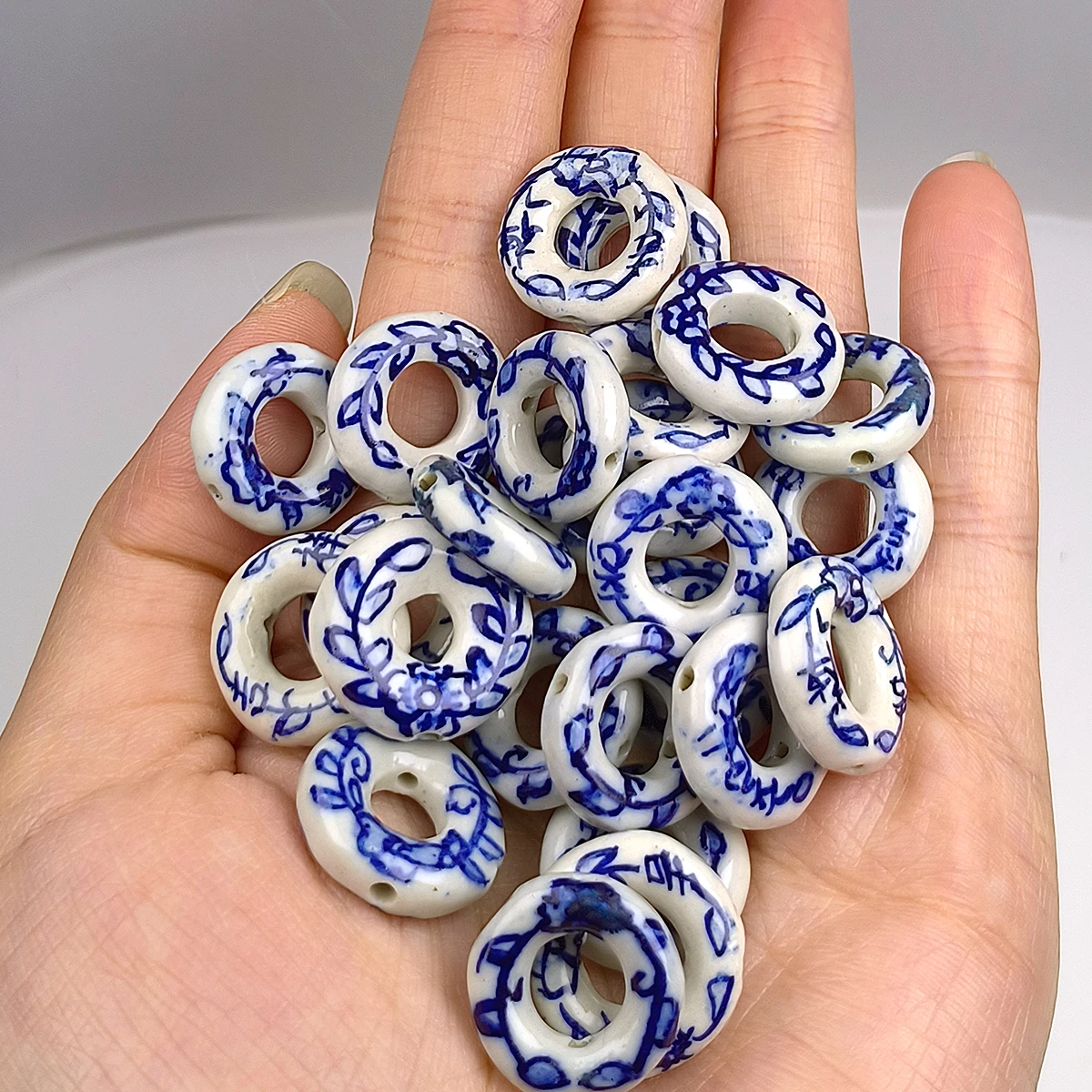 1.8cm  blue porcelain flower ring beads For DIY Bracelet Keychain Necklace Gifts Accessories