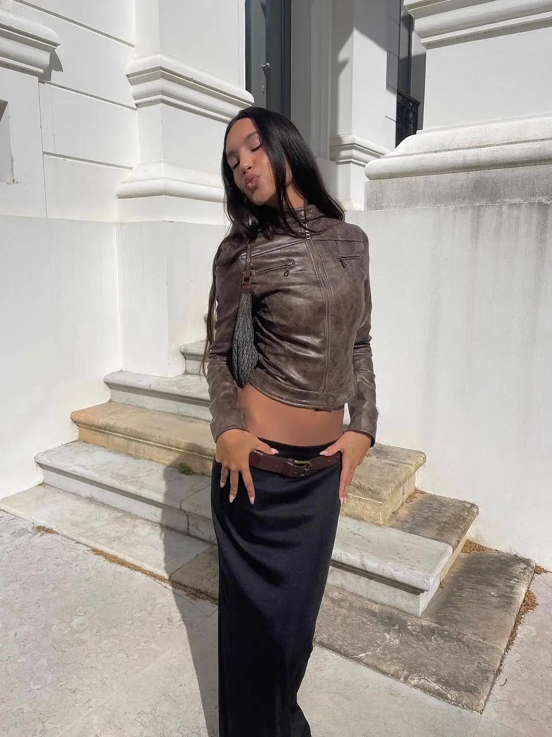 Chaqueta de cuero de ante marrón para mujer, estilo casual, con hombros acolchados, a la moda, para ir al trabajo