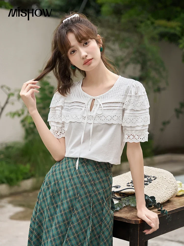 MISHOW French Lace Top for Women Summer 100Cotton Sweet O Neck Lace-up Puff Sleeves Female Elegant Solid Blouses MXC35X0061